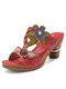 Socofy Genuine Leather Comfy Beach Vacation Bohemian Ethnic Floral Hook & Loop Mule Sandals - Red