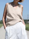Solid V-neck Sleeveless Casual Cotton Tank Top For Women - Beige