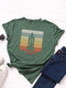 Spaceship Stripe Print O-neck Short Sleeve Casual T-Shirt For Women - Dark Green