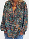 Vintage Printed Long Sleeve Stand Collar Blouse For Women - Blue