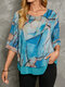 Plus Size Abstract Art Illustration Print Patchwork Casual Blouse - Blue