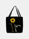Women Cat Sunflower Pattern Print Handbag Shoulder Bag Tote - Black
