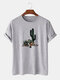 Mens 100% Cotton Cactus Print Crew Neck Casual Short Sleeve T-Shirt - Grey