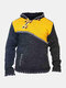 Mens Contrast Color Knitted Button Detail Hooded Sweater With Kangaroo Pocket - Yellow