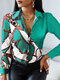 Chain Print Long Sleeve Lapel Button Down Shirt Women - Green