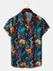 Mens Tropical Plant Print Button Up Lapel Holiday Short Sleeve Shirts - Blue