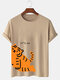 Mens Cartoon Tiger Print Crew Neck Casual Short Sleeve T-Shirts Winter - Khaki