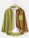 Mens Patchwork Corduroy Contrast Color Lapel Long Sleeve Shirts With Pocket - Green