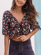 Bowknot Floral Print V-neck Half Sleeve Casual Crop Top - Navy
