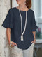Женская однотонная блузка с рюшами и рукавами Шея из хлопка Шея - Темно-синий