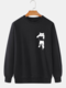 Mens Cute Cat Chest Print Crew Neck Pullover Sweatshirts - Black