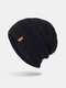 Men Hollow Knitted Plus Velvet Solid Color Geometric Jacquard Warmth Brimless Beanie Hat - Black
