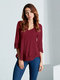 Sexy V Neck Lace Crochet 3/4 Sleeve Slim Blouse for Women  - Wine Red