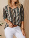 Striped Floral Print O-neck Long Sleeve Casual T-Shirt For Women - Gray