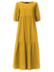 Solid Color O-neck Puff Sleeve Plus Size Dress for Women - Yellow