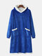 Mens Flannel Solid Double Pocket Plush Lined Warm Oversized Blanket Hoodie Robes - Blue