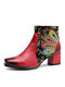 Socofy Retro Ethnic Leather Patchwork Cloth Floral Print Square Toe Side Zipper Block Heel Short Boots - Red