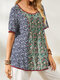 Floral Print Patchwork O-neck Short Sleeve Ethnic T-Shirt for Women - Navy