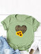 Leopard Sunflower Print Short Sleeves Casual T-shirt For Women - Light Green