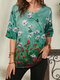 Button Flower Print Half Sleeve O-neck Vintage T-shirt For Women - Green