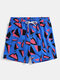 Men Floral Print Geometric Printed Mesh Lining Drawstring Beach Surfing Quick Drying Swim Shorts - Blue
