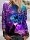 Cartoon Cat Print Long Sleeves O-neck Casual Sweatshirt For Women - Purple