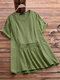 Vintage Pleated Short Sleeve Plus Size Cotton T-shirt - Green
