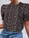 Women Ditsy Floral Print Frill Trim Puff Sleeve Blouse - Black