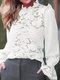 Lace Stitch Solid Ruffle Long Sleeve Blouse For Women - White