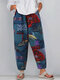 Vintage Print Elastic Waist Loose Plus Size Pants with Pockets - Red