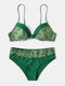 Women Snake Skin Print Bikini Push Up Patchwork Gather Green Beachwear - Green