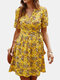 Cross Wrap Floral Print Bandage Short Sleeve Dress - Yellow