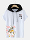 Mens Cherry Blossoms Cat Print Short Sleeve Hooded T-Shirts - White