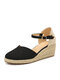 Women Fashion Pointed Toe Buckle Wedges Heels Espadrille Shoes - Black