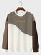 Mens Color Block Patchwork Embroidered Crew Neck Pullover Sweatshirts - Brown