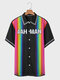Mens Letter Rainbow Strips Print Short Sleeve Shirts - Black