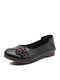 Socofy Genuine Leather Handmade Breathable Soft Comfy Floral Decor Casual Retro Ethnic Flats - Black