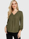Solid Long Sleeve V-neck Casual Blouse For Women - Army Green