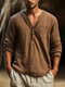 Camisas masculinas sólidas de meio botão casual manga comprida Henley - Castanho