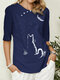 T-shirt casual com estampa de gato bonito manga curta para mulheres - azul