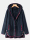 Fleece Floral Print Patchwork Plus Size Hooded Coat with Pockets - Navy