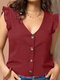 Blusa feminina lisa com decote em V e botão frontal babado sem mangas - Vinho vermelho