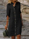 Vestido feminino sólido com gola e botão frontal de algodão Camisa - Preto