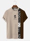 Mens Rose Japanese Print Patchwork Crew Neck Short Sleeve T-Shirts - Brown