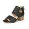 Sandálias femininas elegantes de cor sólida e salto oco com zíper traseiro e saltos de fivela - Preto
