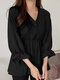 Lace Trim Puff Sleeve Ruffle V-neck Solid Blouse - Black