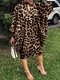 Talla grande Mujer Ojo de cerradura con estampado de leopardo Cuello Manga larga Vestido - Caqui