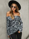 Leopard Print Off The Shoulder Long Sleeve Casual T-shirt - Gray