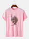 Mens Japanese Fish Print Crew Neck Short Sleeve T-Shirts - Pink