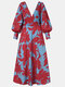 V-neck Long Sleeve Maxi Calico Print Dress For Women - Red